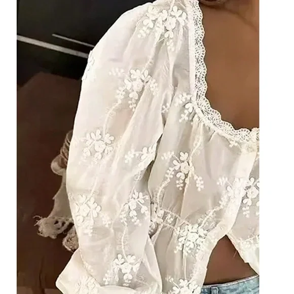 Boho White Semi Sheer Lace Button Down Embroidered Floral Top - Picture 3 of 9